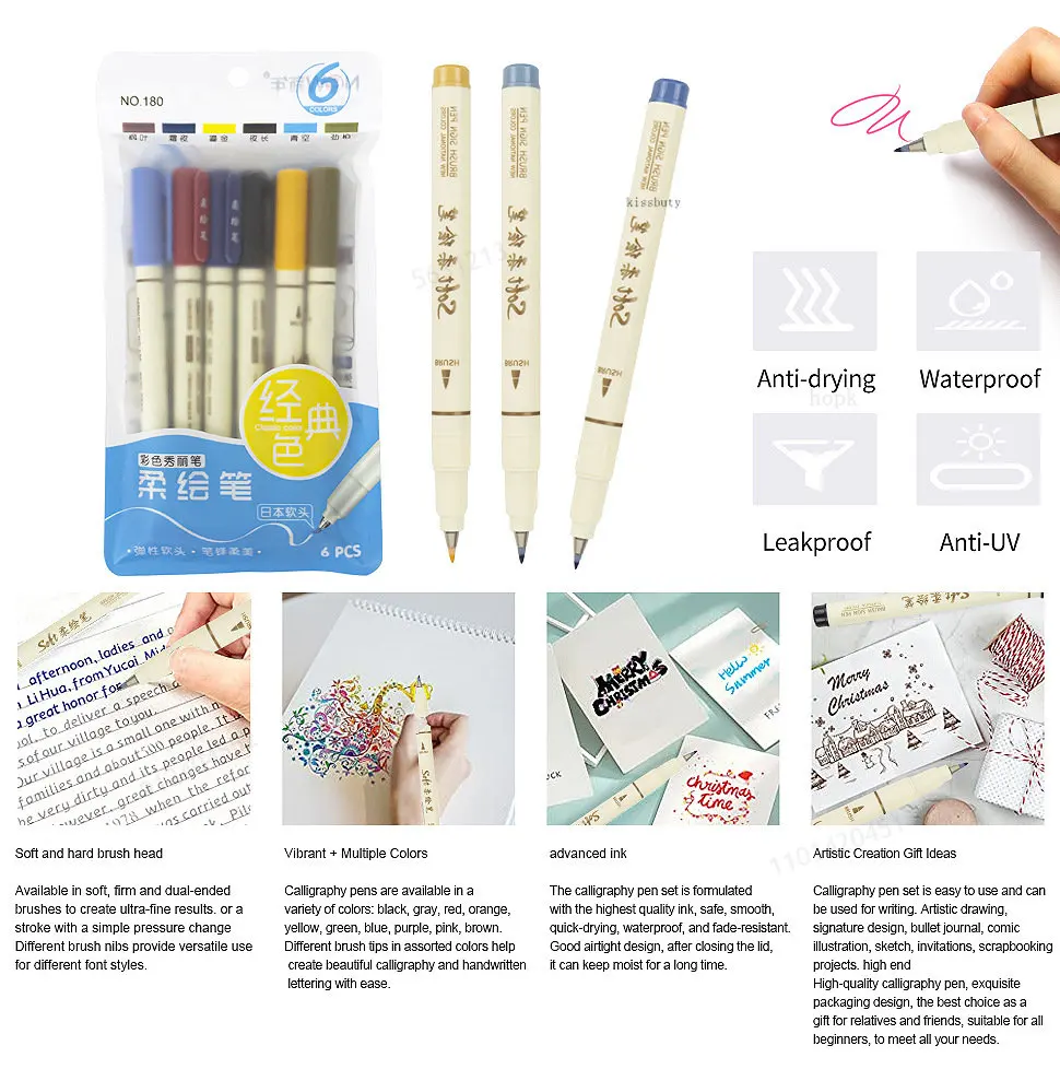 6pcs Vintage Colorful Writing Drawing Art Marker Set Soft Bristle Tip Fine Line Calligraphy Design Drawing Art Stationery