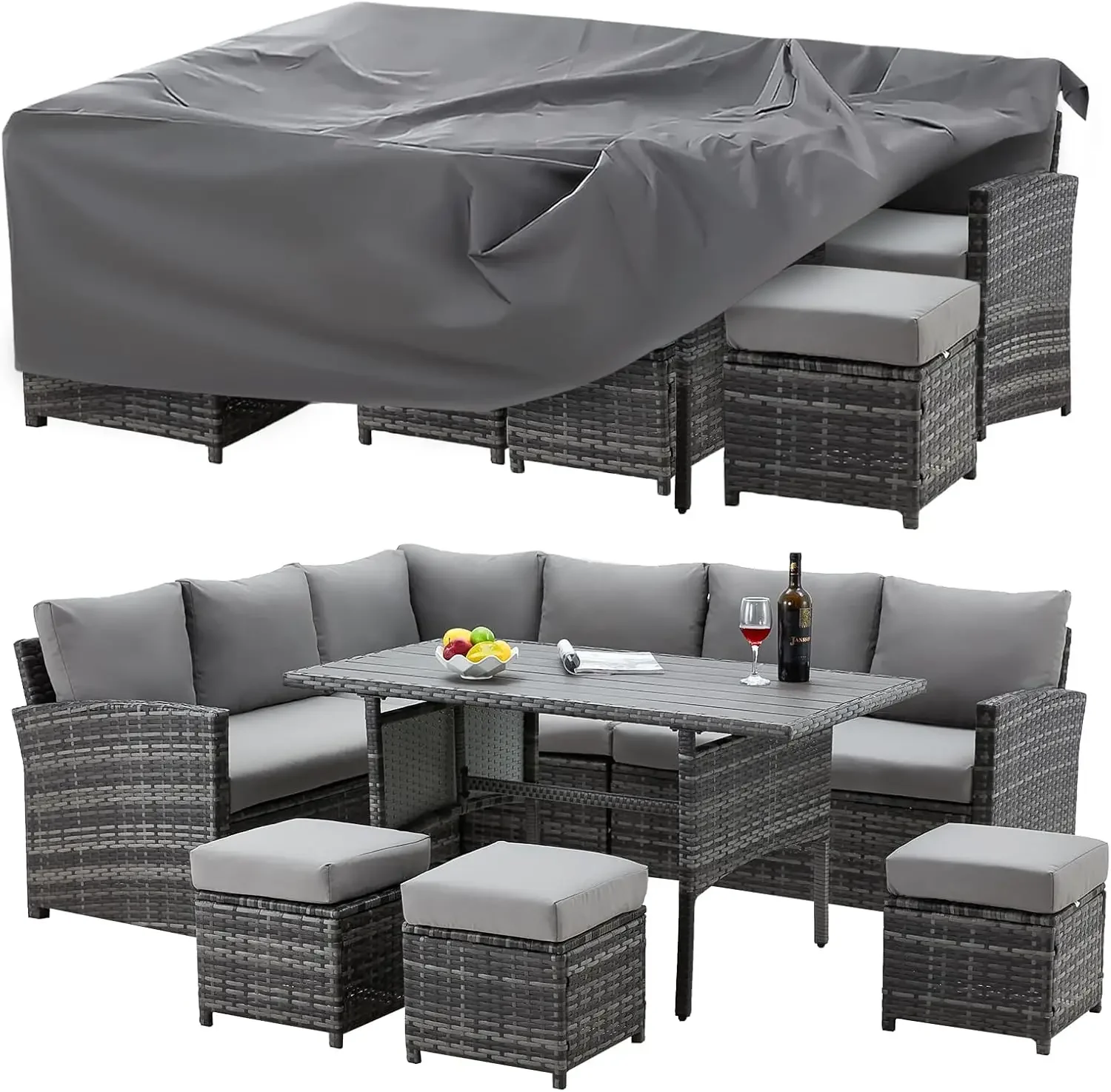 Patio Furniture Set with Cover, 7 PCS Outdoor Sectional Conversation Set, All Weather Wicker Rattan Sofa Couch