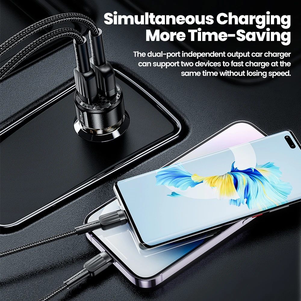 Toocki 60W Car Charger Quick Charge dual-port Transparent Case PPS Fast Charger Charging for iPhone 17 16 15 Poco Samsung Xiaomi