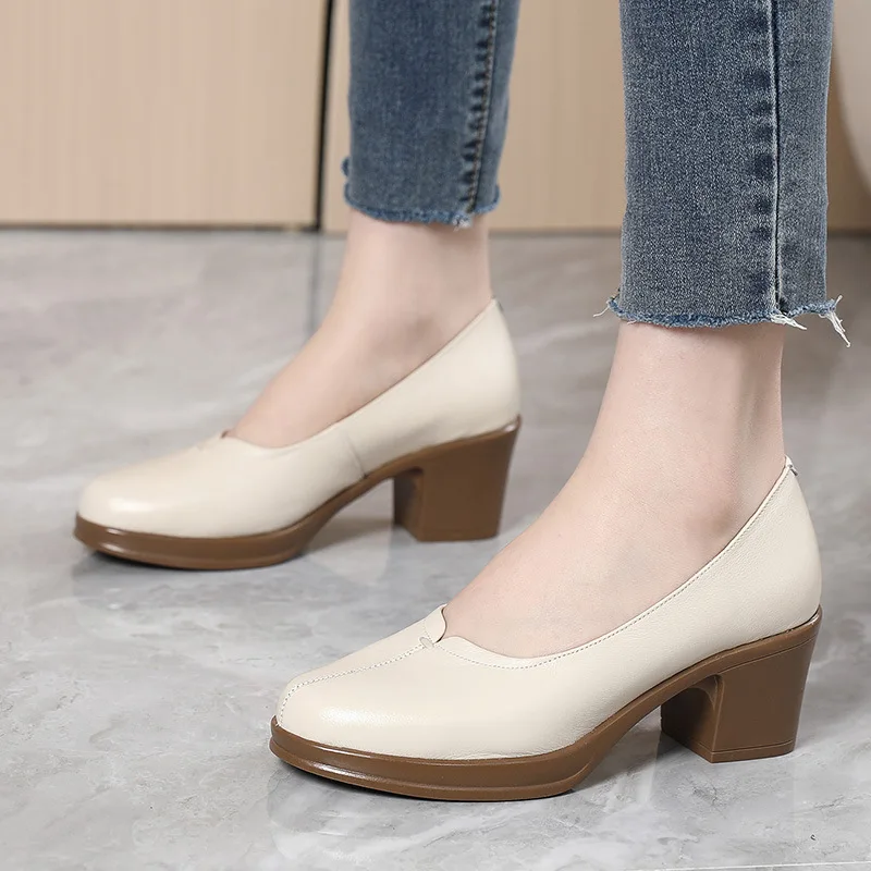 GKTINOO 2024 New Fashion Women Pumps Round Toe Thick Heels Genuine Leather Shoes Woman Spring Summer Office Ladies Shoes Comfort