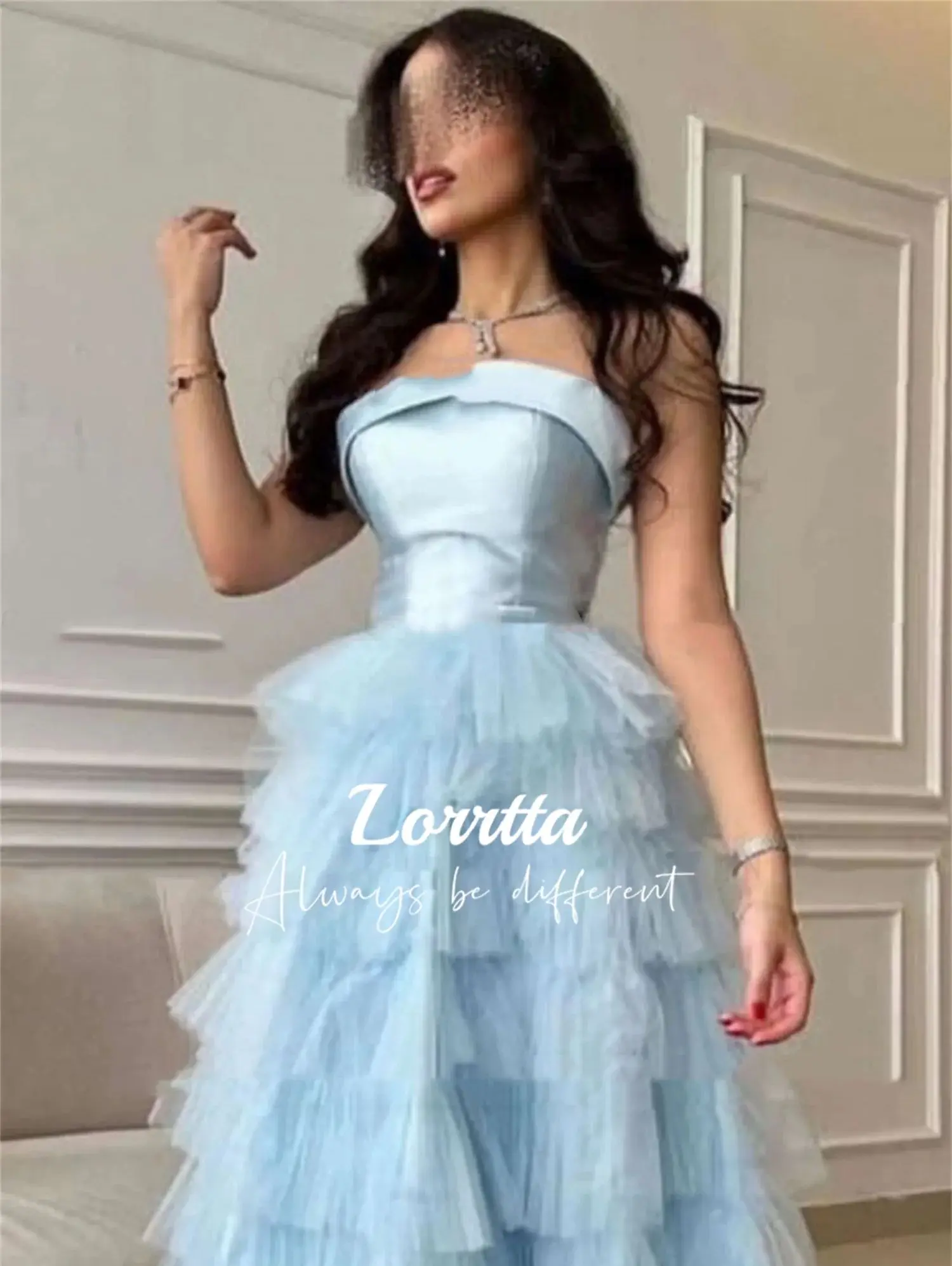 Lorrtta Sky Blue Ankle Length Layered Off the Shoulders Ball Gown Strapless Women\'s Evening Dress for Prom 2024 Customized