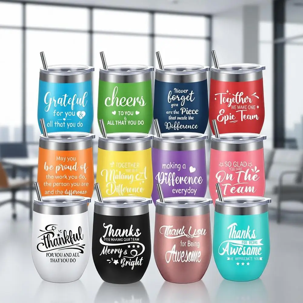 

Bulk 12 oz Stainless Steel Tumblers with Lids & Straws for Employee Christmas Appreciation (12 Pack, Positive Design)