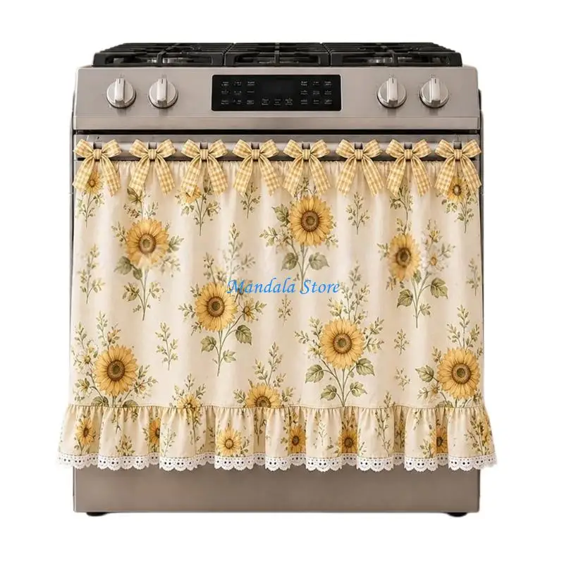 U2JC Cotton Blend Stove Curtain Lace Ruffle Trim 9 Ribbon Tie Oven Curtain Cover