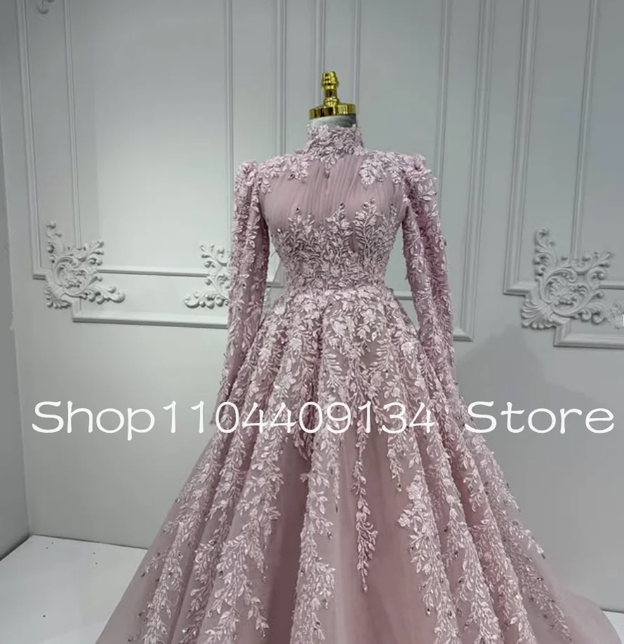 Pink Princess Muslim Evening Occasion Dresses High Neck 3D Floral Applilque Long Sleeve Arabic Bride Prom Gown Customsized