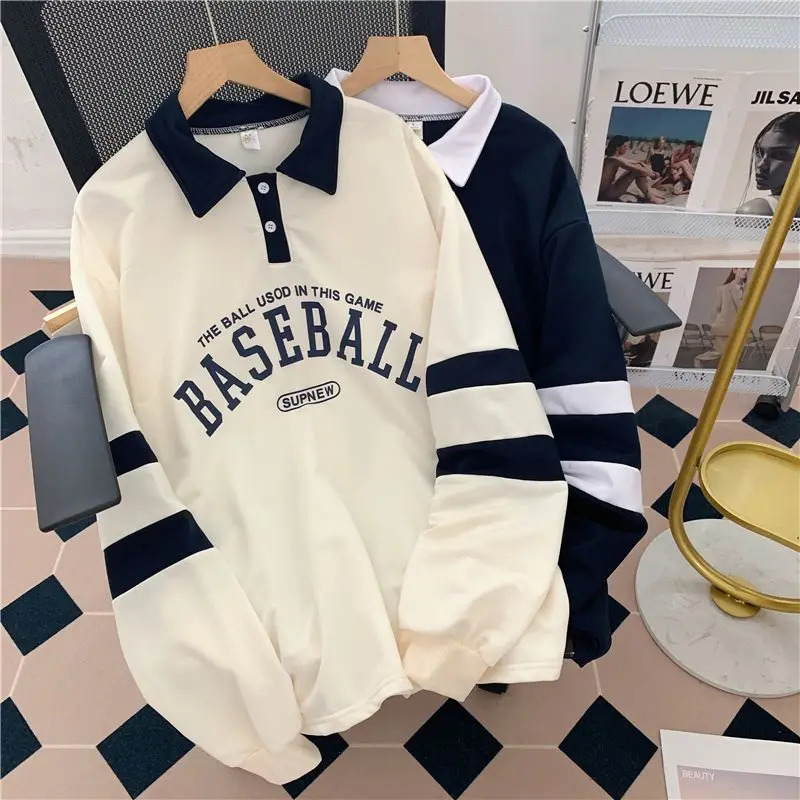 American College Style Retro Lapel Couple Polo Shirt Street China-Chic Loose Long Sleeve Sweater Women's Top