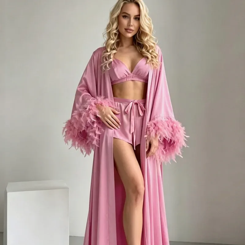 3PCS Silk Pajamas Set Women's Stitching Feather Long-sleeved Bathrobe Underwear Shorts Loungewear Sleepwear