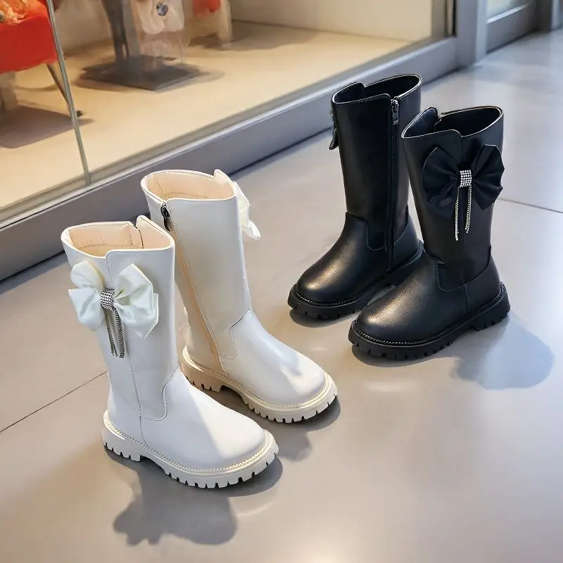

Kids'Boots Solid Color PU Leather Fashion Autumn Flat Knee-high Boots For Girls Anti-slip Breathable Black White Size 26-36