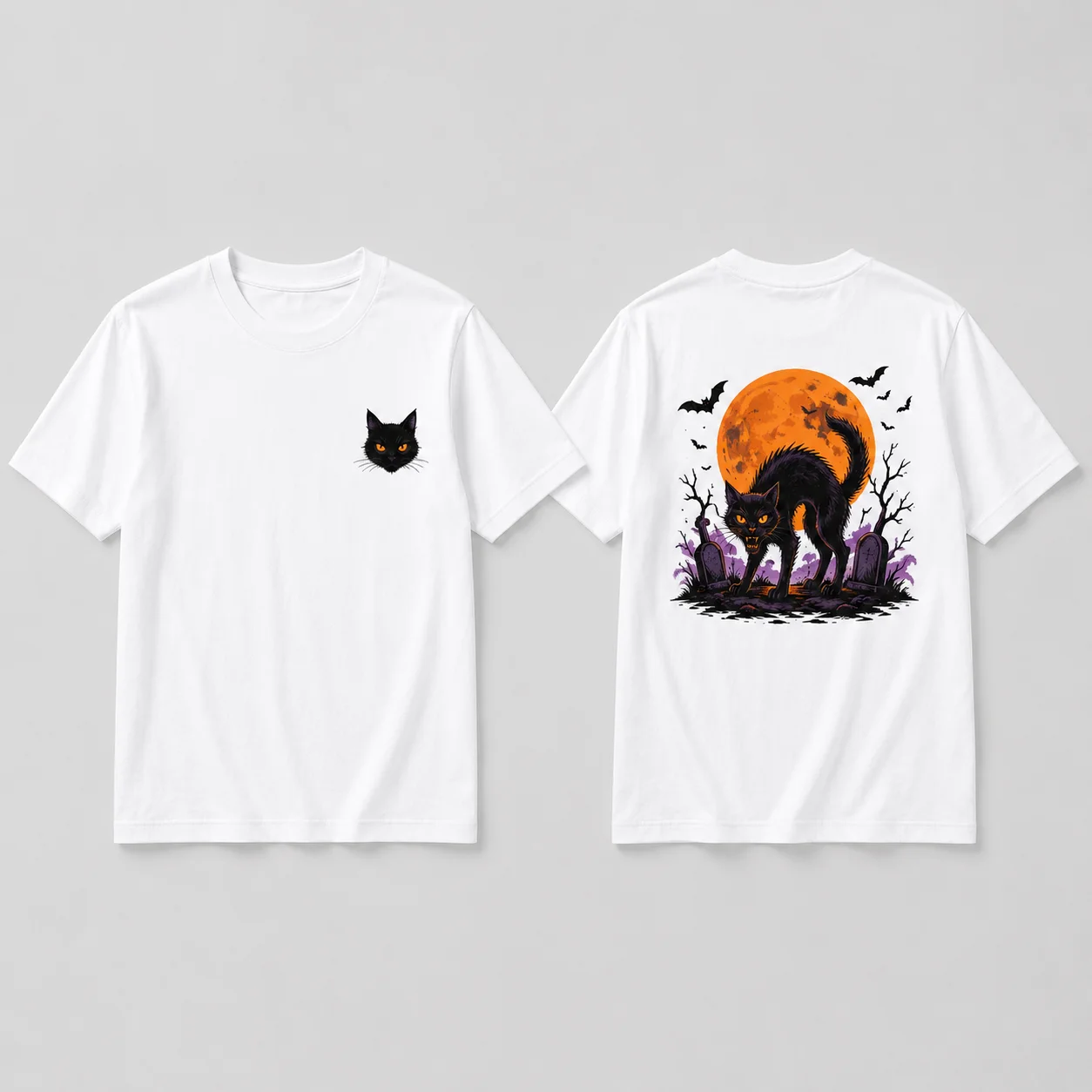 Halloween Black Cat T‑Shirt Men Women Loose Cotton Tees Fancy Holloween Black‑Cat Moon Patterns Spooky Casual Short Sleeve Shirt