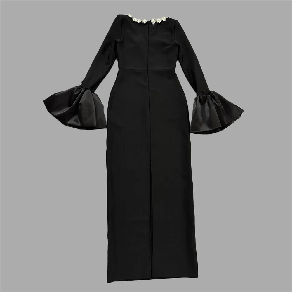 Haute qualité femmes à manches longues Sexy col carré brillant cristal moulante longue robe de pansement célébrer tenue de soirée