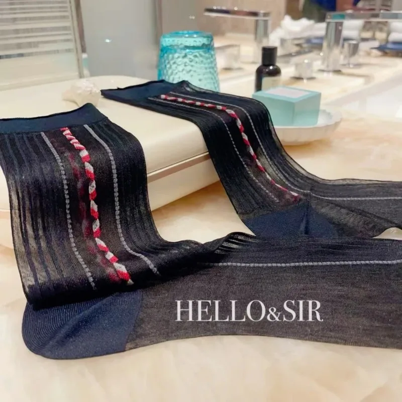 Men's Classic Business Socks Thin Sheer Summer Time Fetish Fashion Vertical Stripes Dress Socks High Quality Invisible Suit Sock