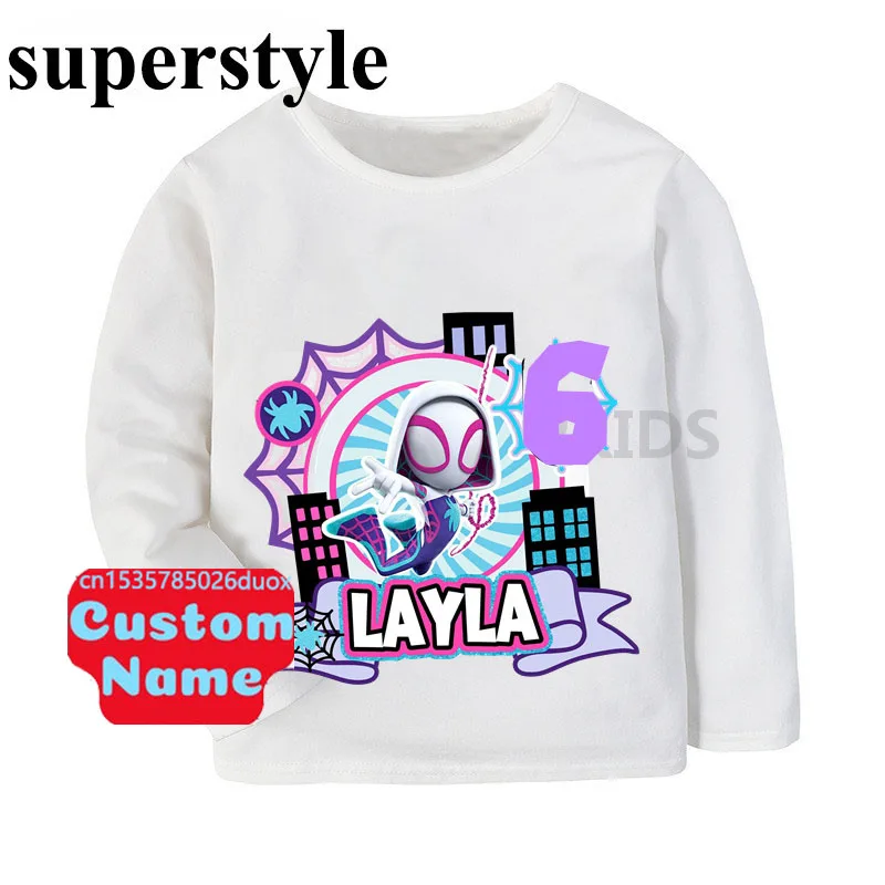 2025 New Spring SpiderMan Birthday Boy Long Sleeve T-Shirt Spider-Man Customized Name Birthday Party Bottoming Kawaii Girl Shirt