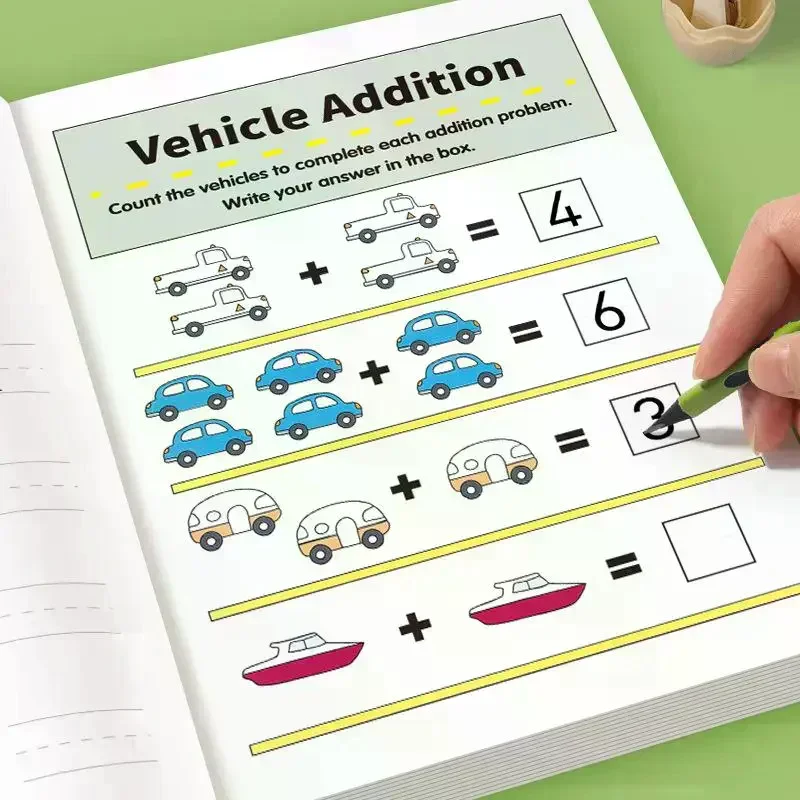 1 Juego divertido libro de preguntas aritméticas de 64 páginas, ejercicios de suma y resta dentro de 10 cálculos de descomposición de columna de imágenes