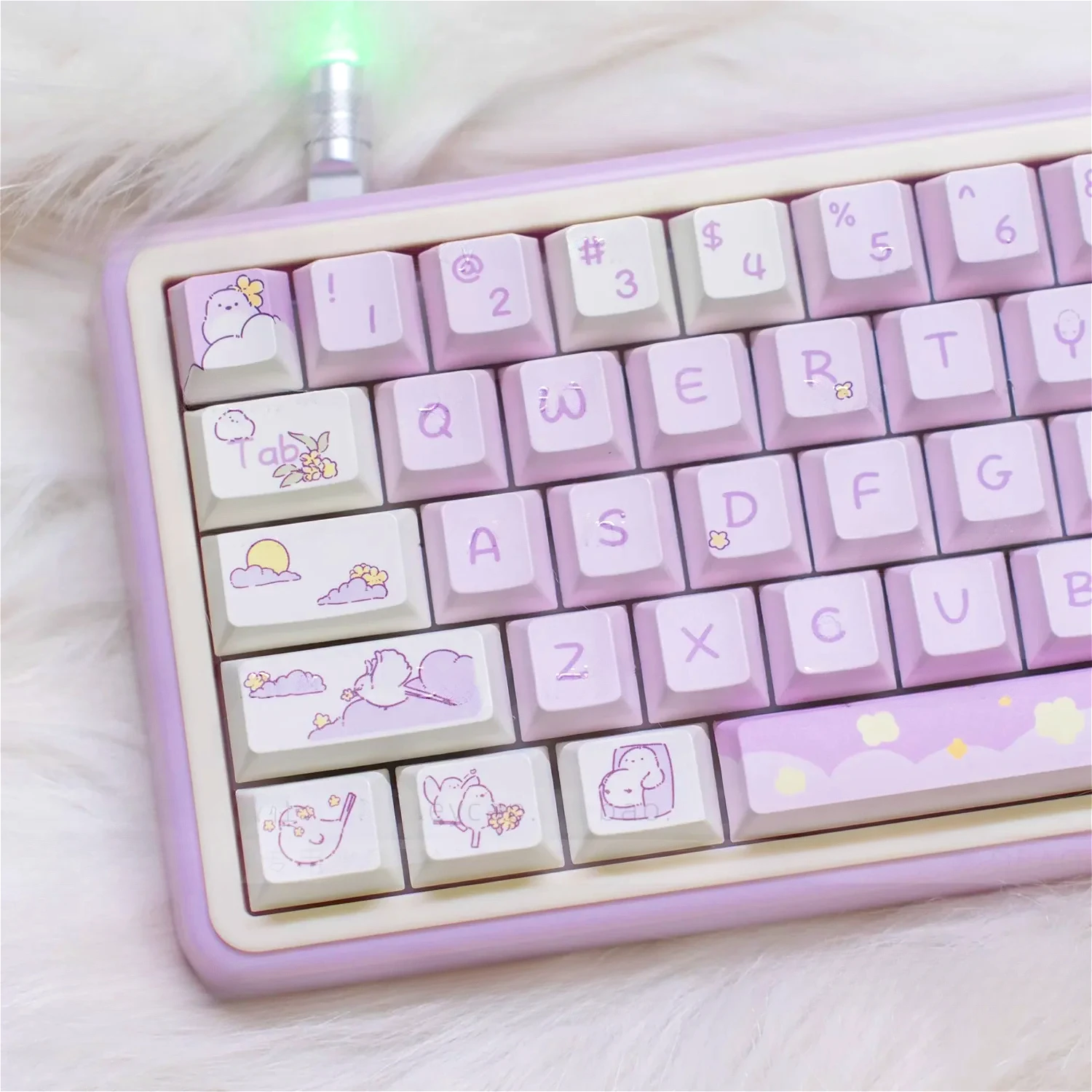 GEFENSI Creamy Purple Chirpy Bird Cherry Keycaps PBT 93 Keys Customized Cute Adaptable 60/80/87/98/104/108 Mechanical Keyboards