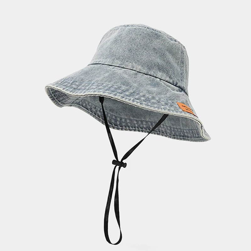 

Bucket Hat Denim Women Summer Sun Protection Big Brim Strap Cowboy Cap Beach Accessory For Fishing Hiking Climbing Outdoor