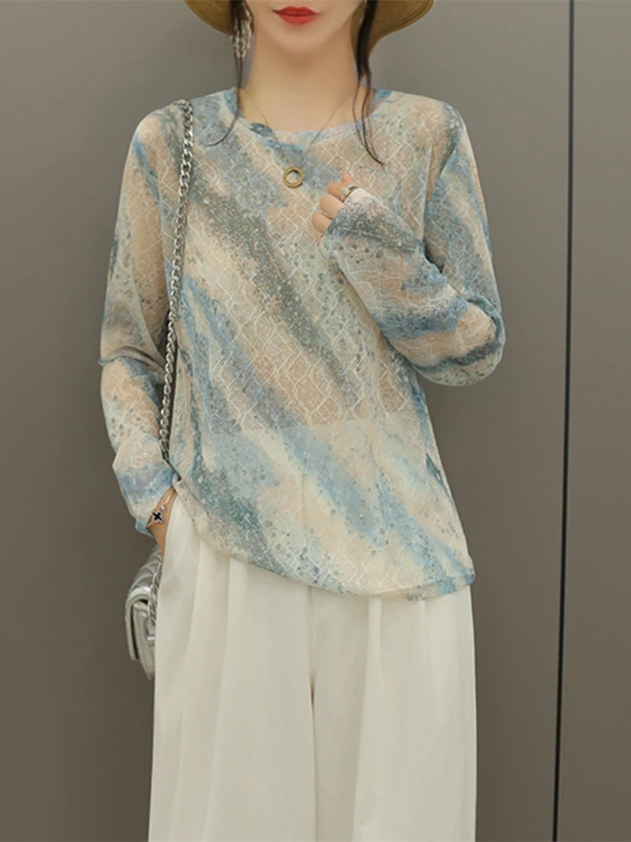 

Summer 2026 Women's Loose Long Sleeve T-Shirt Breathable Mesh Printed Thin Casual Style Air Conditioning Top Skin-friendly