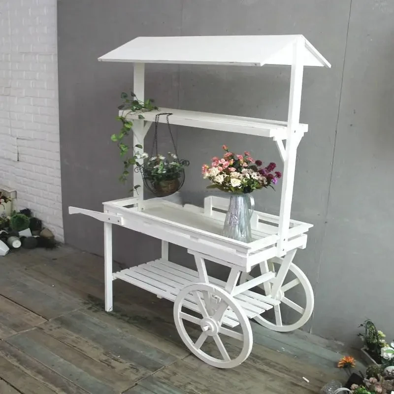 Estante de flores Pastoral, carrito de madera maciza, estante de almacenamiento para balcón, centro comercial, promoción creativa, decoración al aire libre para coche