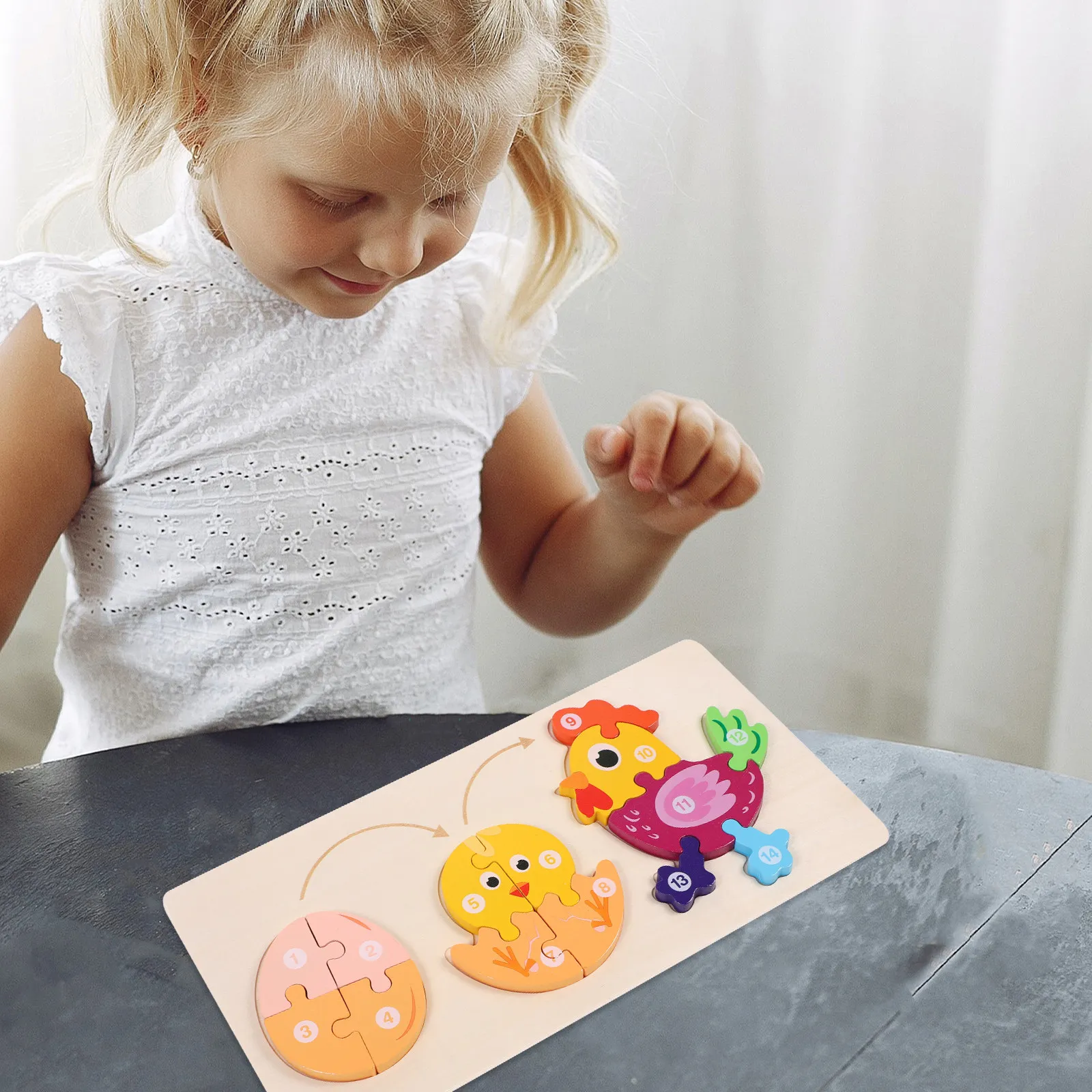1Set Rooster Growth Puzzle Kindergarten Early Education Learning Aid Wooden Jigsaw Cognitive Development Matching Game