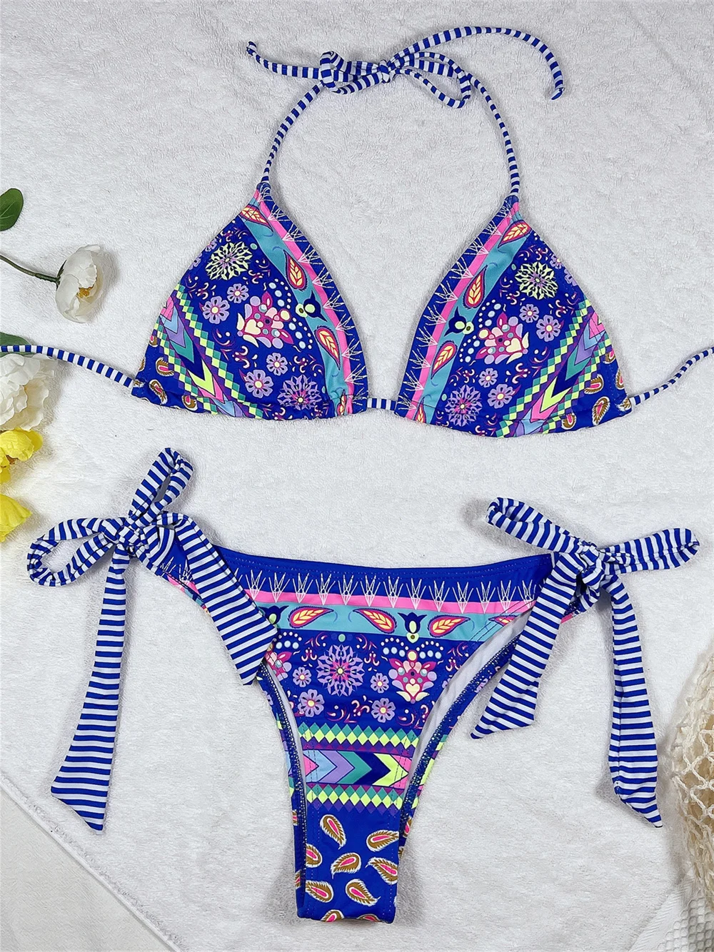 

Vintage Blue Print Bikini Boho Striped Bandage Swimsuit Backless Micro Extreme Vacation Swimwear Women Beach Outfit Bathing Suit