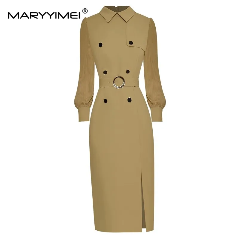 

MARYYIMEI Autumn Winter Women's dress Turn-down Collar Pleated Long sleeved Double breasted Lace up Commuter Elegant Dresses