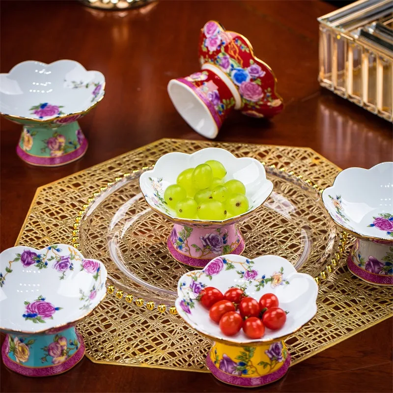 Chinese Style Rose High-footed Dessert Plate Creativity Golden Stroke Enamel Color Plates Living Room Desktop Fruit Snacks Tray