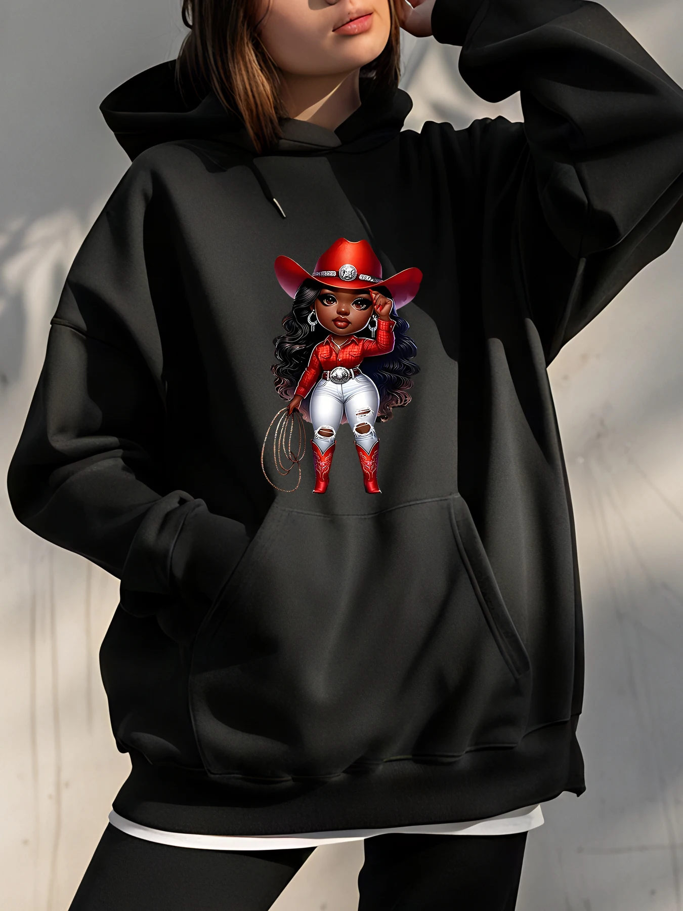 

【Cowgirl】 Толстовка с принтом, свободная посадка, повседневный стиль, красная шляпа, дизайн пастушки, женская, повседневная одежда