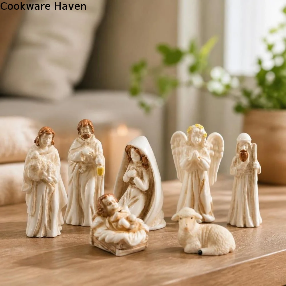 7Pcs Miniature Nativity Scene Figurine Set Resin Craft Vintage Christmas Manger Resin Statues Desktop Scene Collectible