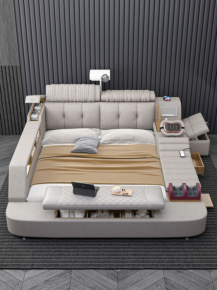 Multi functional technology fabric master bedroom king bed, intelligent light luxury tatami, modern and simple double fabric bed