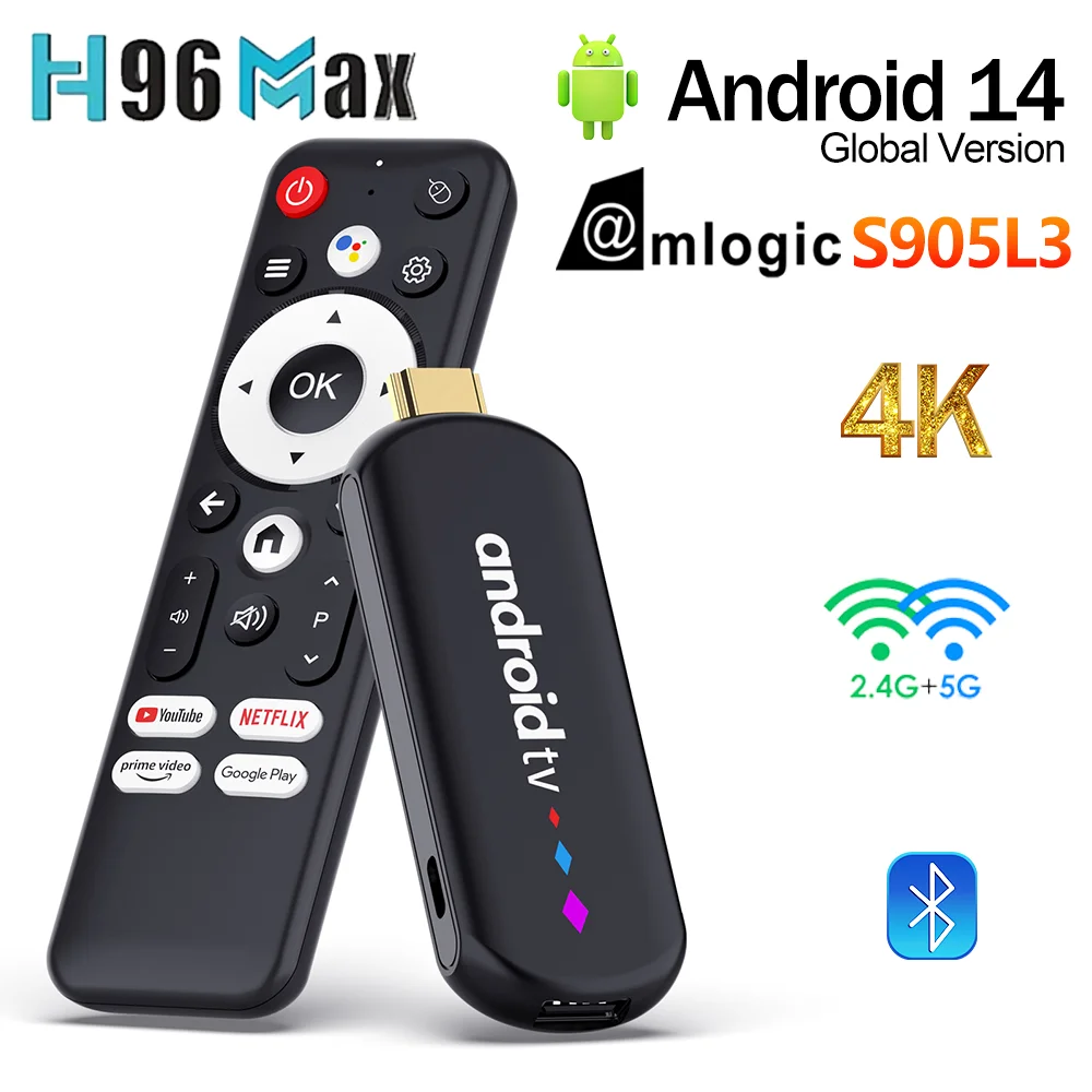 H96Max S905L3TS Smart TV Stick Amlogic S905L3 Android 14.0 4K 2.4G 5G Wifi Media Player Voice Assistant Android TV Box