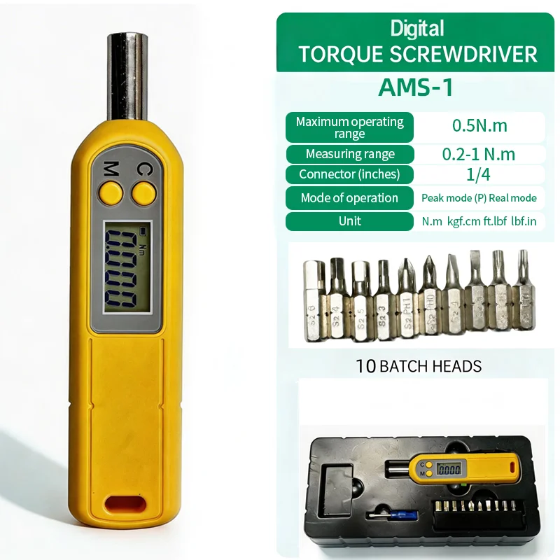

Цифровая динамометрическая отвертка ALIYIQI 1/4'' 1Нм/0.741фунт-фут/9.02 дюйма-фунт/10.23кгс-см с набором из 10 бит для точных механических работ