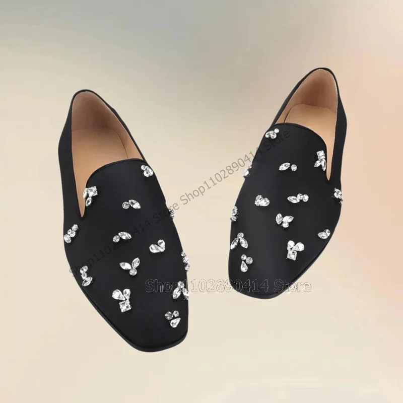 

Crystal Flower Decor Black Square Toe Loafers Fashion Slip On Men Shoes Luxurious Handmade Party Banquet Wedding Men Dress Shoes