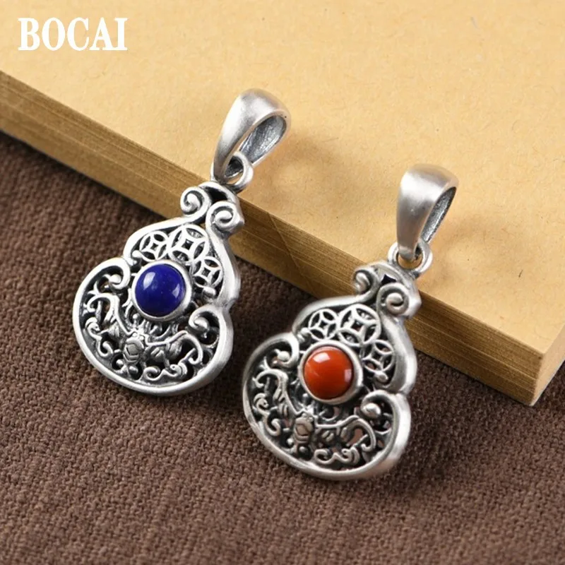 

BOCAI Real S925 Silver Jewelry Natural Onyx/lapis Lazuli Vintage Hollow Ancient Coins Bat Gourd Woman Pendant Mother's Gift