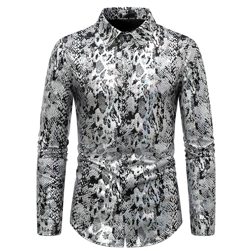 Fashion Men Nightclub Snake Print Lapel Shirt Gold / Silver Summer Men's Bar KTV Luxury Casual Shirts