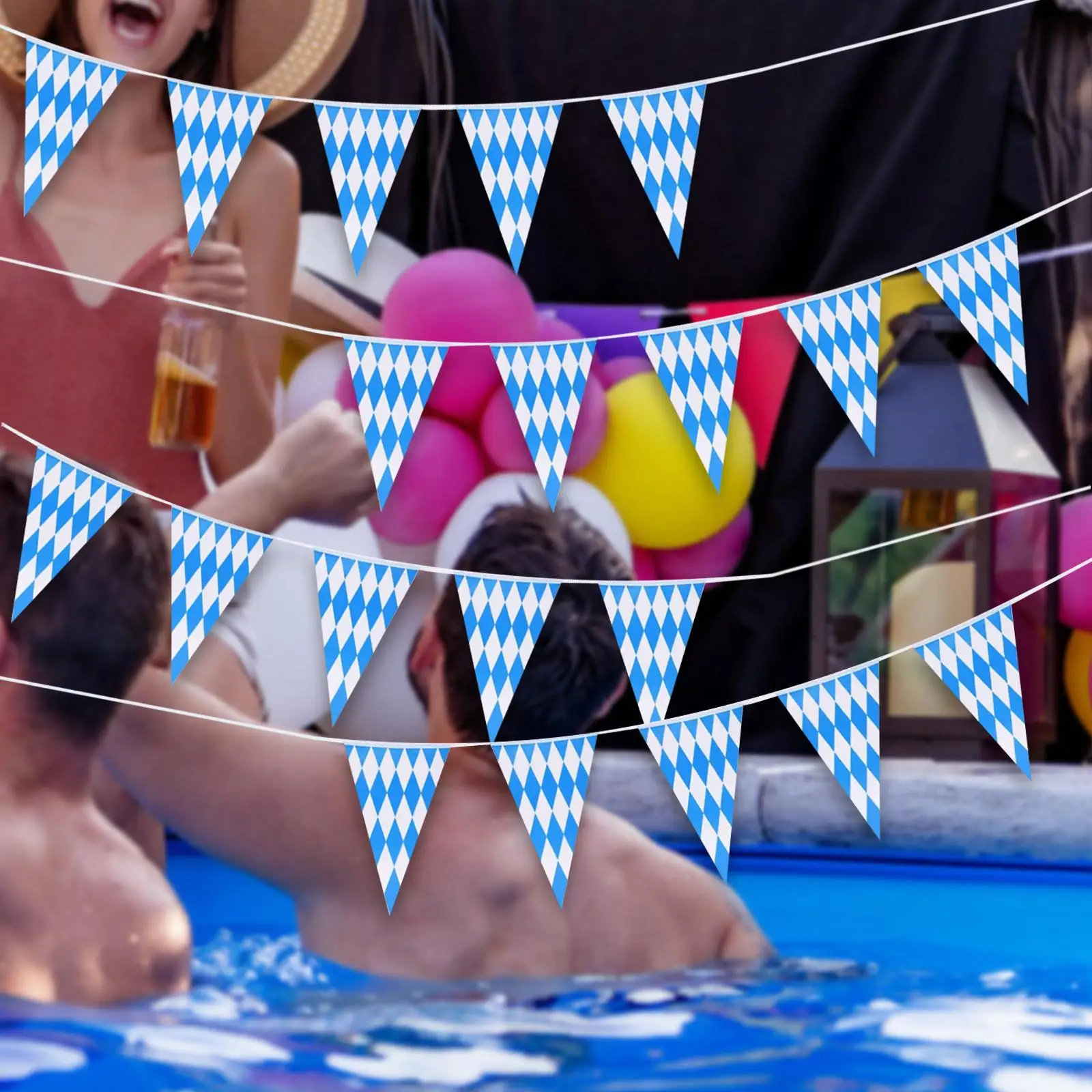 Oktoberfest Decoration Bunting Fabric Flags PE Plastic Pennant Banner Blue White Check for Party Bar Porch Patio Use