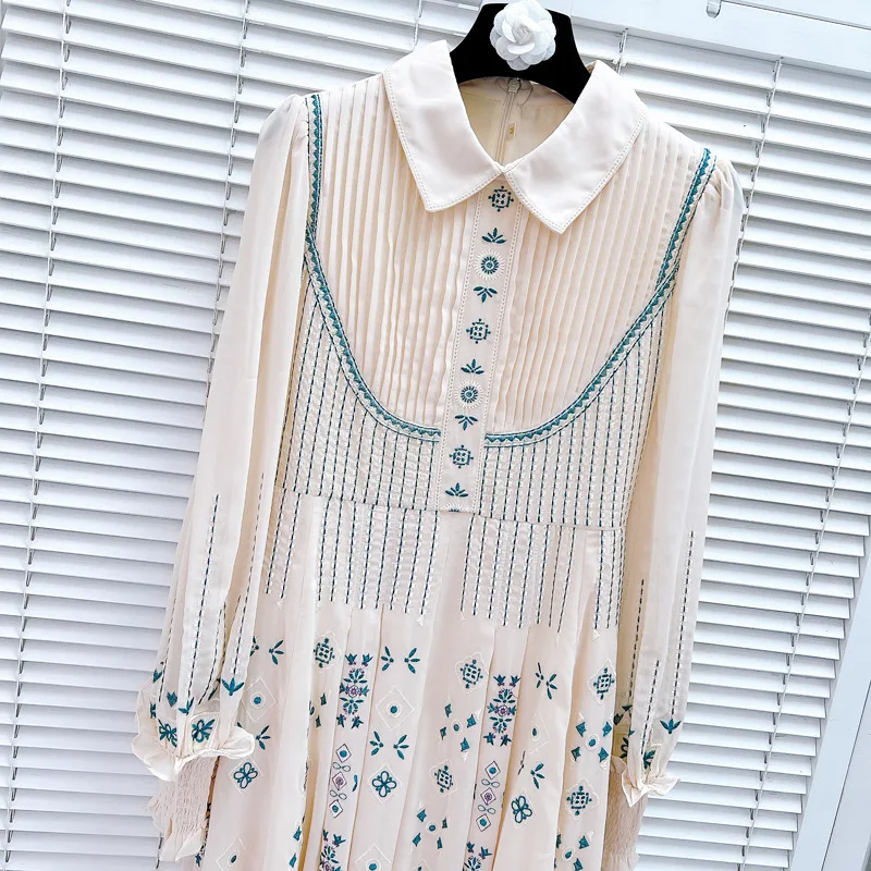 Chic Embroidered Long Sleeve Shirt Dress for Women 2024 Spring New Elegant Woman Lapel Apricot Pleated Dinner Mid-length Dresses