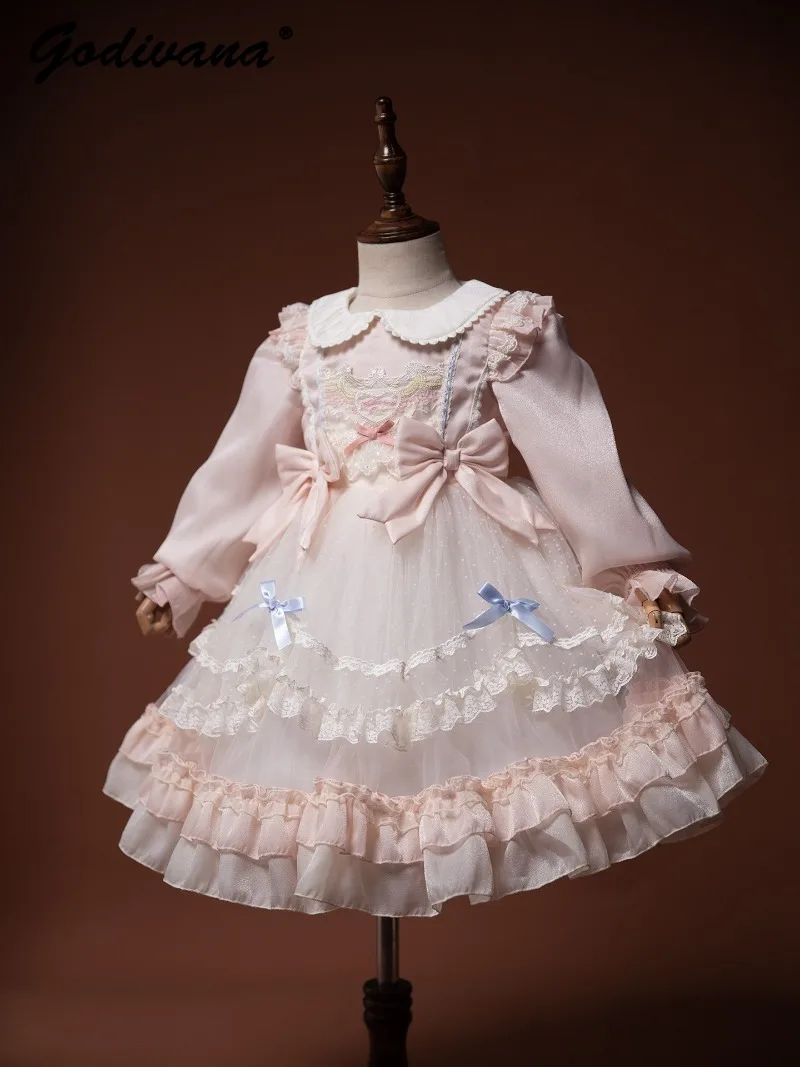 Little Girls' Lolita Princess Dresses Spring and Autumn Light Blue Lace French Puffy Dress Bow Embroidered Long-sleeve Ballgown