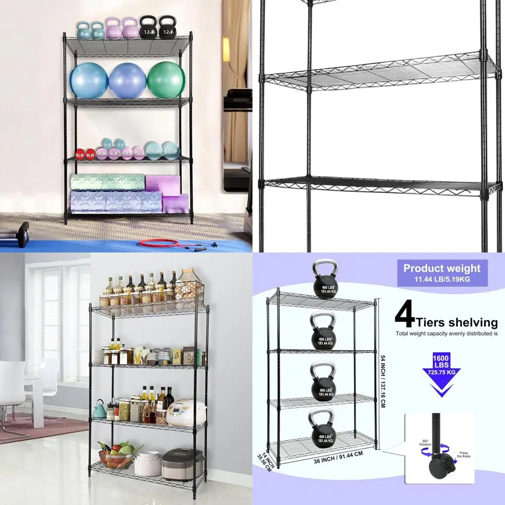 

Heavy-Duty 4-Tier Adjustable Steel Wire Shelving with Wheels, 400 lbs Capacity per Shelf, 1600 lbs Total, 36L x 14W x 54H, Ideal