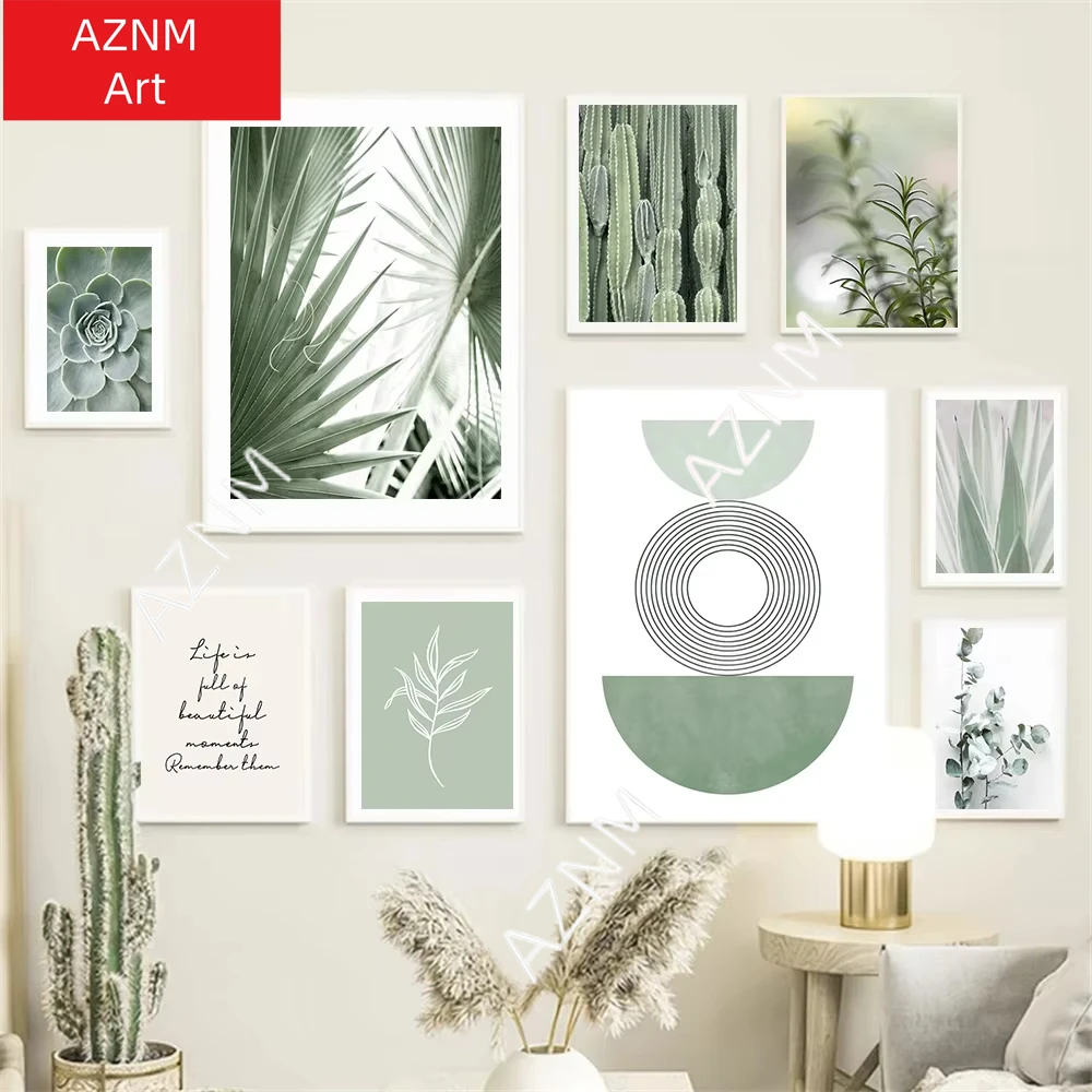 1PC Green Leaves Plant Agave Cactus Line Geometry Wall ArtCanvas Abstract Painting Nordic Poster Pictures Living Room Decor