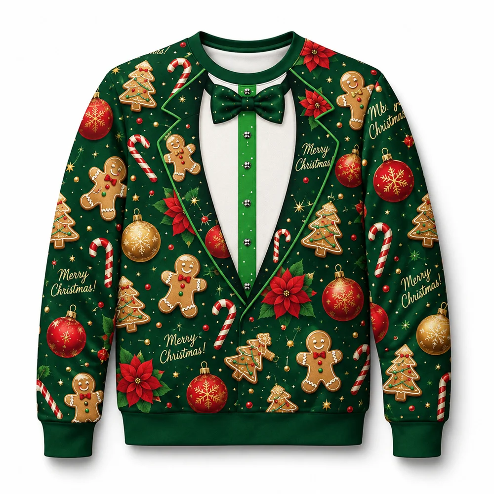 3D Print Funny Fake Lapel Bow Christmas Ugly Sweater Holiday Fashion Long Sleeve Crew Neck Sweatshirt Humour Design Xmas Gift