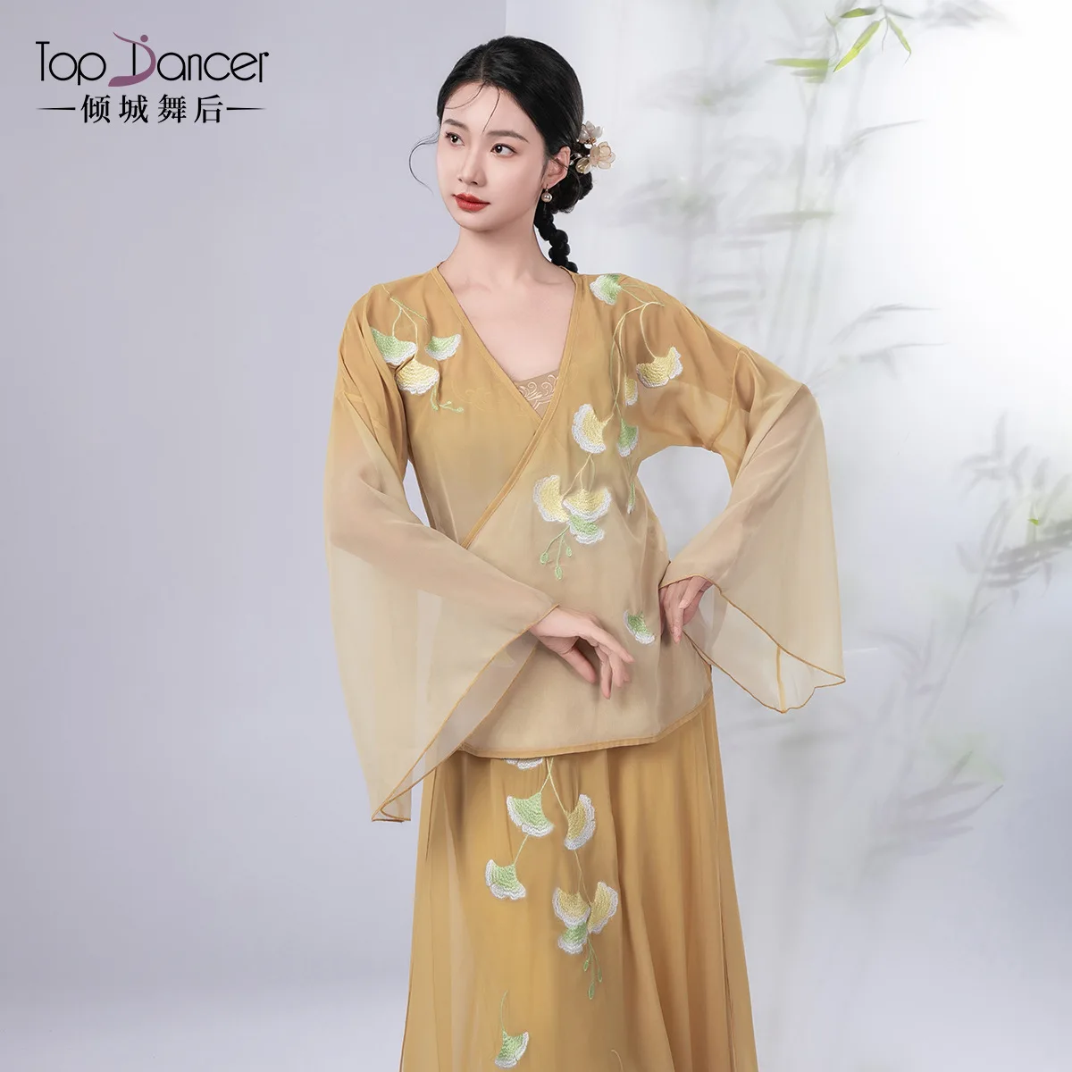 여성용 클래식 댄스 의상 그라데이션 플로잉 자수 바디 라임 거즈 드레스 신중국 스타일 연습복