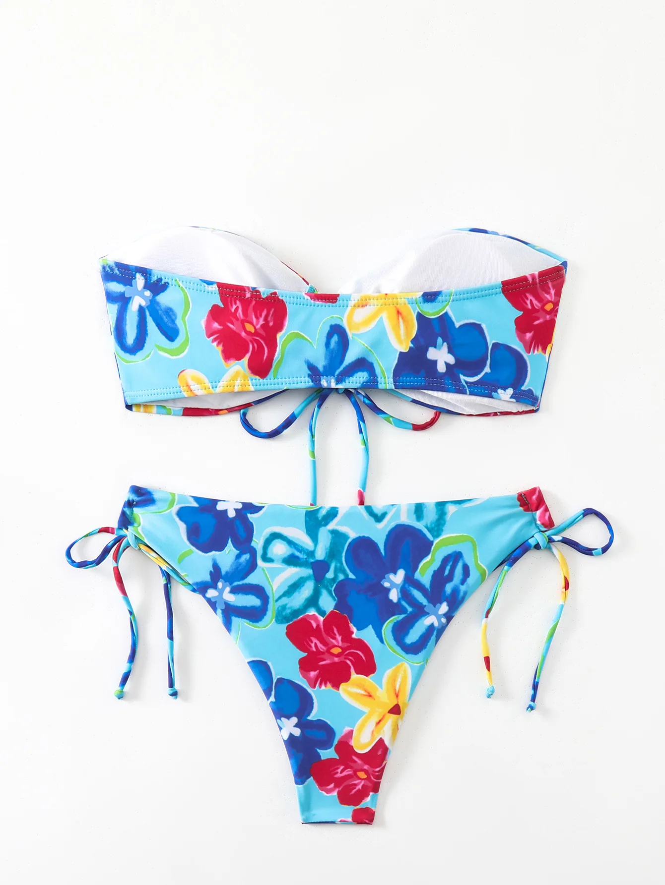 sexy flower print bandeau tie bow bikinis sets two pieces padded thong swimwear female bathing suit swimsuit biquini tankini