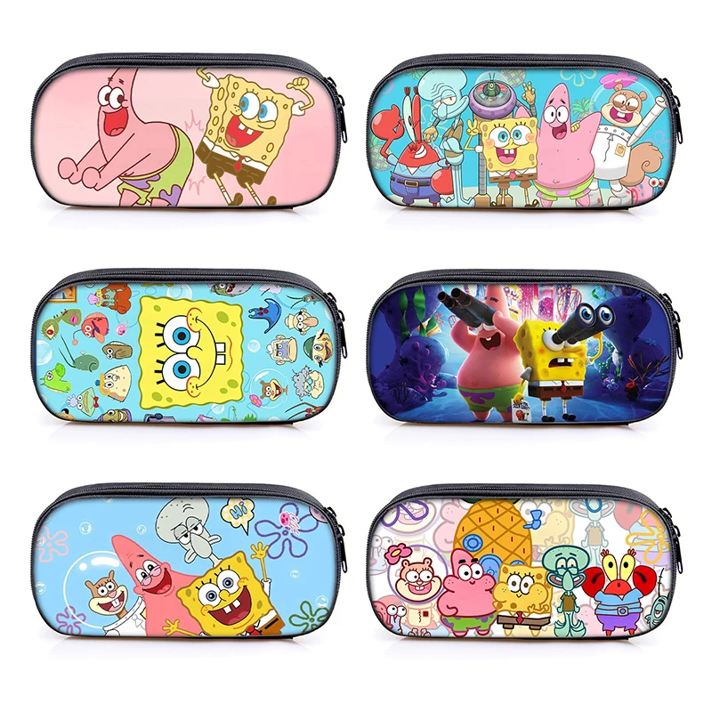Квадратные брюки-карандаш с губкой Бобом, портативная детская коробка для карандашей с мультяшным рисунком из аниме, товары для студентов, милые детские товары