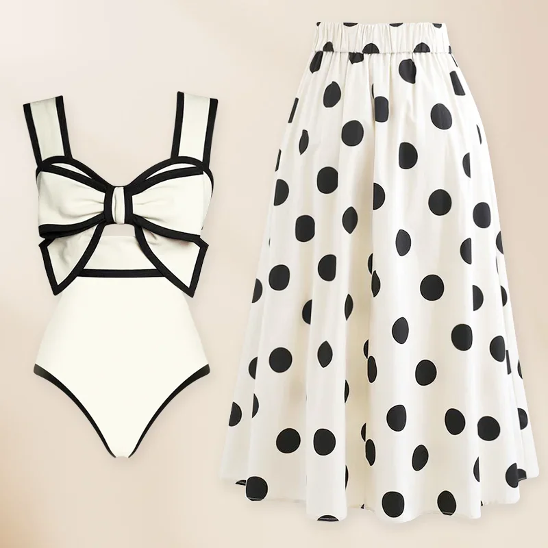 

2024 Woman Swimsuit and Skirt Vintage 3D Bow-tie Black and White One Piece set Swimwear Women tankini Bathing Suit Monokini