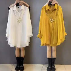 2023 New Spring and Autumn Fashion Polo Neck Studded Chain Metal Decoration Lace Splice Loose Relaxed Commuter Oversized Shirt