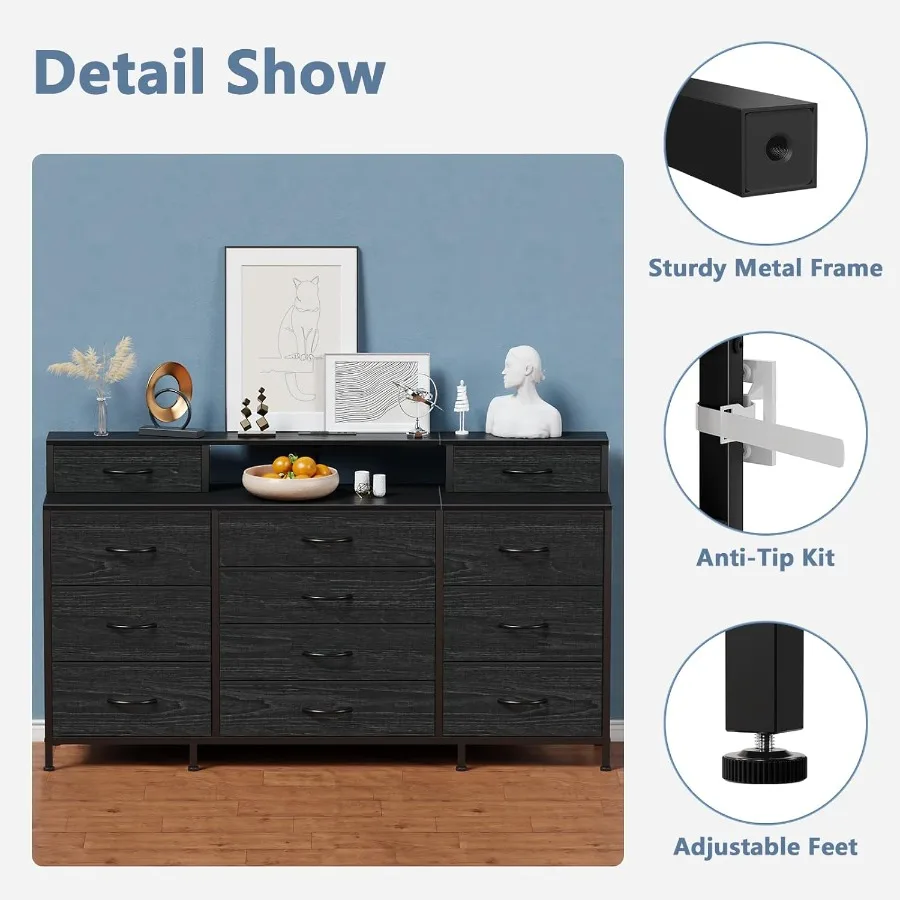 خزانة ملابس 63 واط لغرفة النوم مع أضواء LED ومنافذ طاقة سوداء كبيرة 12 درج تخزين طويل من القماش مع 2 She