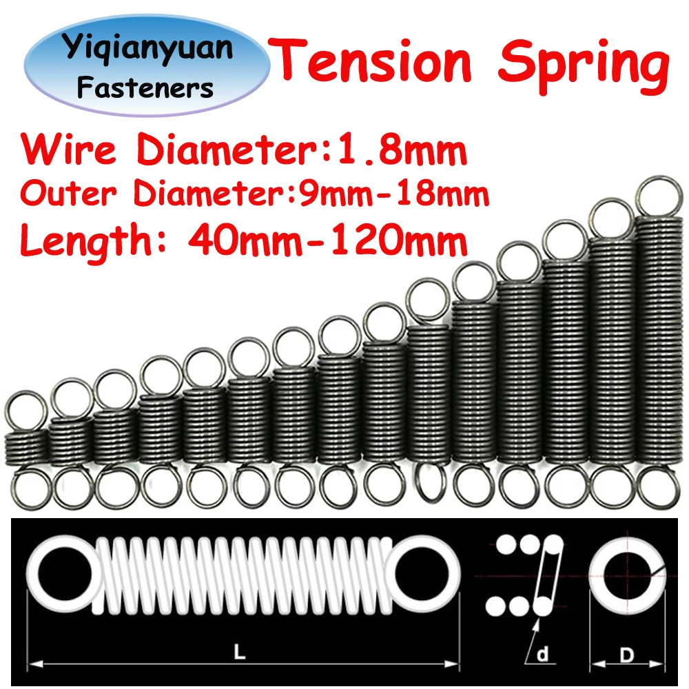 

Yiqianyuan Diameter 1.8mm, OD9mm~18mm Manganese Steel Tension Spring Closed Hook Cylindroid Helical Pullback Extension Coils