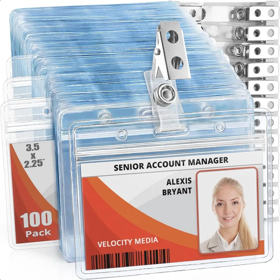 

USA Horizontal Plastic Card Holder with Metal Clip and Vinyl Straps Clear 3.5x2.25 Inch 100 Pack Waterproof PVC ID Name Badge H