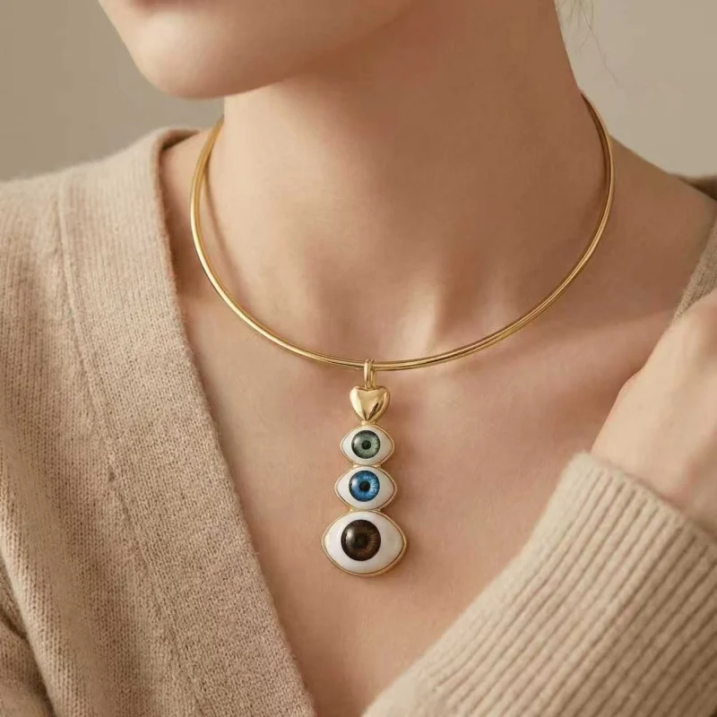 

European Vintage Style Metal Necklace for Women Unique Design Clavicle Hot Sale Triple Color Devil's Eye Bracelet Fashion Jewelr