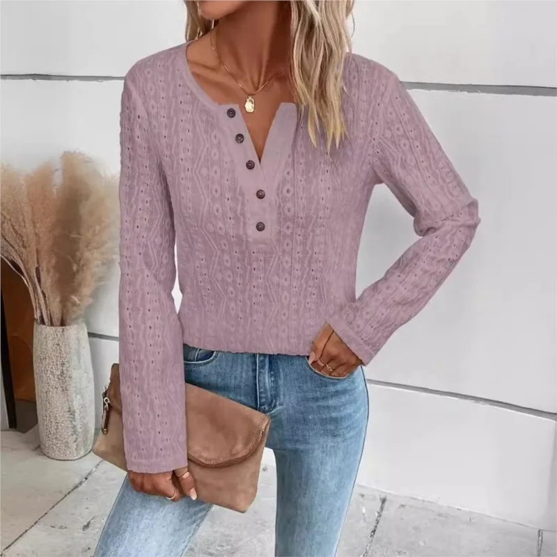 Elegant Woman White Button V-neck Blouse Office Shirt Summer And Autumn Women\'s Fashionable Long Sleeved Hollow Casual Blouse