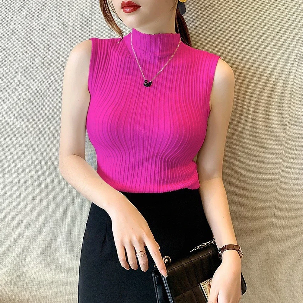 

Elegant M-2XL Slim Stretch Tanks Women High Neck Knitted Blouse Shirt Woman Sleeveless Sweater Clothes Womens Top And Blouses