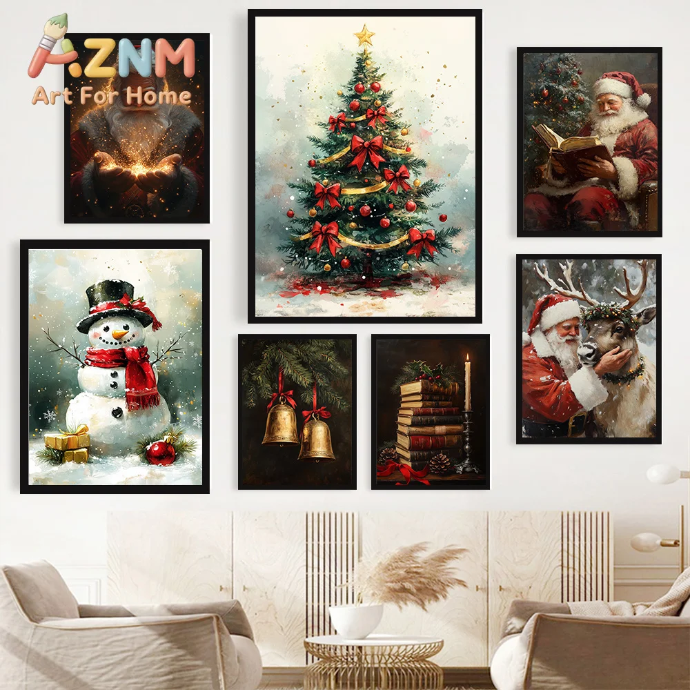 Vintage Winter Christmas Santa Xmas Tree Snowman Posters Prints Canvas Painting Wall Art Picture For Living Room Home Decorat